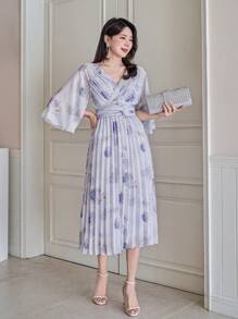 DAZY Váy midi xếp ly cổ chữ V dành cho nữ có họa tiết hoa toàn thân - Màu tím hoa cà - Xem 7