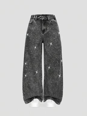 Jeans larghi lavati alla moda e casual con decorazione di cristalli per ragazze in colore grigio
