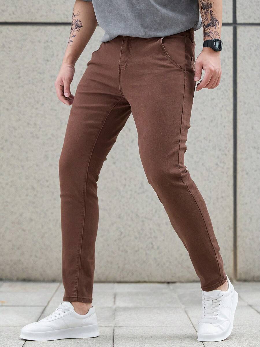 Manfinity Homme Men's Simple Classic Jeans, Suitable For Summer - Coffee Brown - View 1
