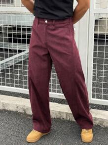 Manfinity Homme American Corduroy Straight Leg Cargo Pants For Men, Casual Baggy Chic Style, High Quality Wide Leg Men Pants Clothes For Men Men Pants - Burgundy - View 7