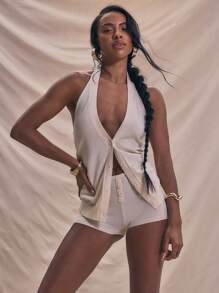 MUSERA Longline Fitted Button Up Sheer Knit Sleeveless Top Summer Holiday - Apricot - View 1