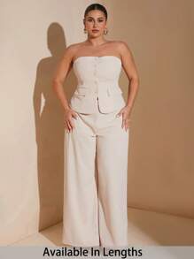 SHEIN Tall CURVE 大码女士优雅约会之夜纯色露肩连体裤套装，适合工作的夏季办公室服装，仙女/海妖风格 - 杏色 - 查看 1