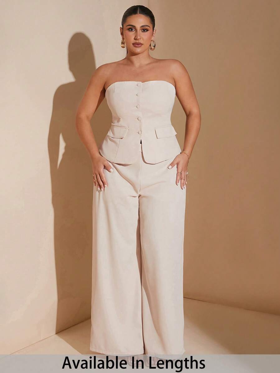 SHEIN Tall CURVE 大码女士优雅约会之夜纯色露肩连体裤套装，适合工作的夏季办公室服装，仙女/海妖风格 - 杏色 - 查看 1