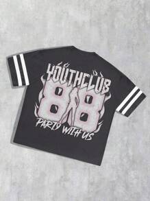 ROMWE MEN Prep Men's Street Lips Printed 350g Suede Fleece Contrast Mesh Pocket T-Shirt - Dark Grey - View 1