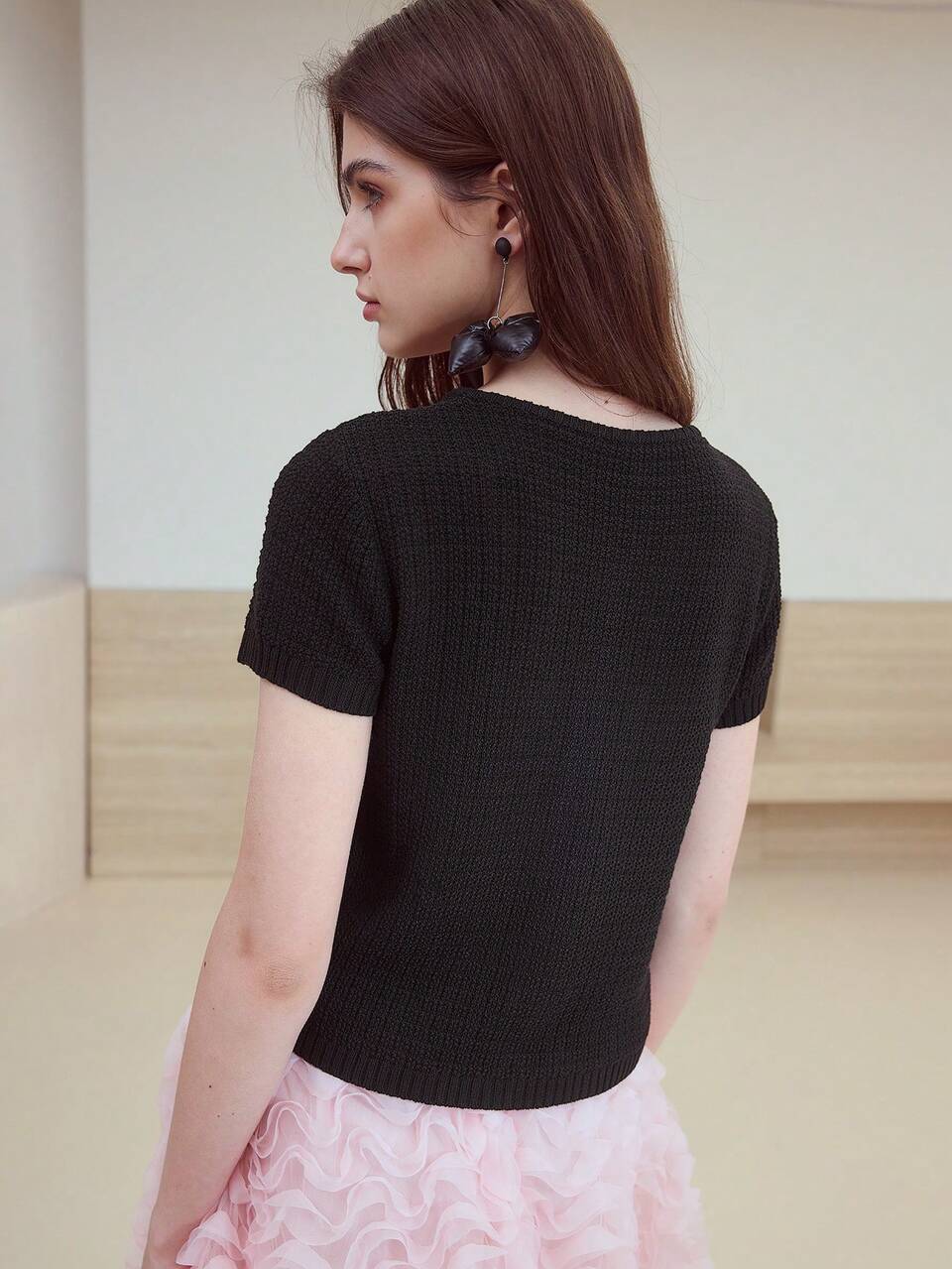 MOTF STUDIO BUTTON UP SHORT SLEEVE KNIT TOP