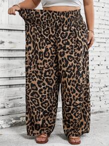SHEIN CURVE+ 大码花卉豹纹高腰阔腿裤，适合夏季、海滩、音乐节 - 彩色 - 查看 3