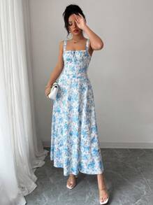 Elenzga Vestito da donna a fantasia floreale con spacco laterale, bretelle a spaghetti e lunghezza media, stile vacanziero
