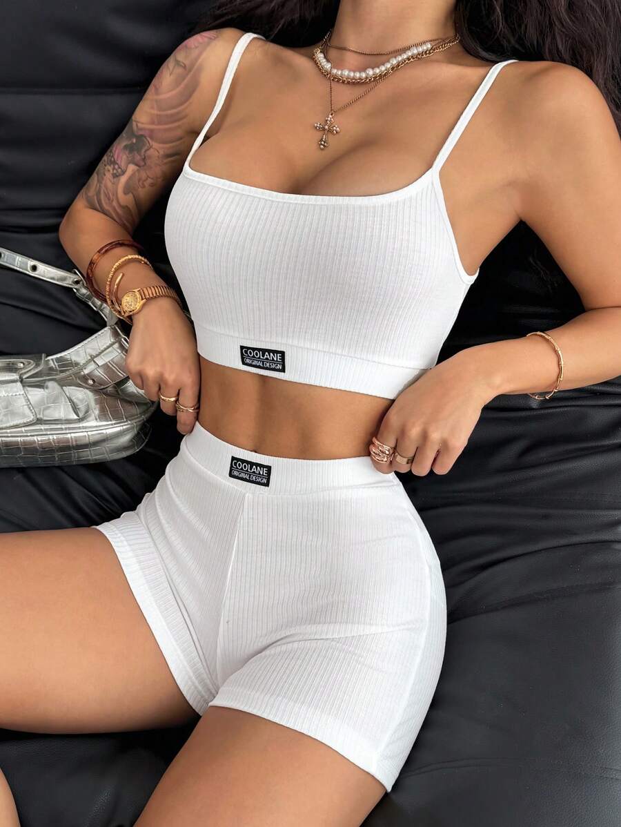 Coolane Women's Cool Street Style Ultra Cropped Tank Top And Branded Shorts Two Pieces Set - White - View 1