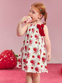 Strawberry Shortcake X SHEIN 年轻女孩休闲可爱草莓印花蝴蝶结装饰连衣裙，适合春夏季和户外野餐派对 - 紅白色 - 查看 7