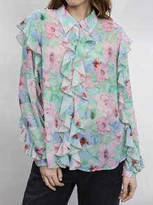 Maija 女士花卉印花荷叶边休闲商务衬衫，宽松短袖领衬衫，现代都市优雅浪漫时尚，柔软舒适，粉色和绿色 - 彩色 - 查看 4