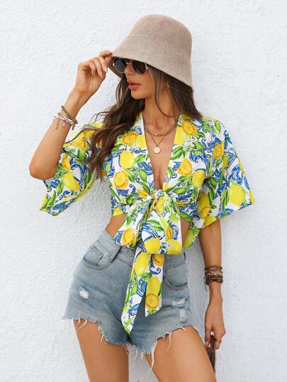 Vivid Eden Blusa de mujer con mangas de campana y nudo delantero, con estampado de limón, para vacaciones, verano, festivales de música, conciertos de country, festivales y playa