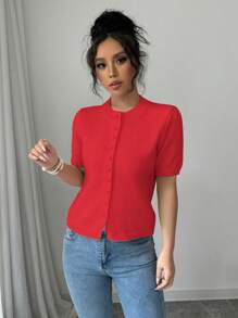 Chiquease New Arrival Casual Loose Pink Simple Button Knit Pullover Sweater, Women Short Sleeve - Red - View 3