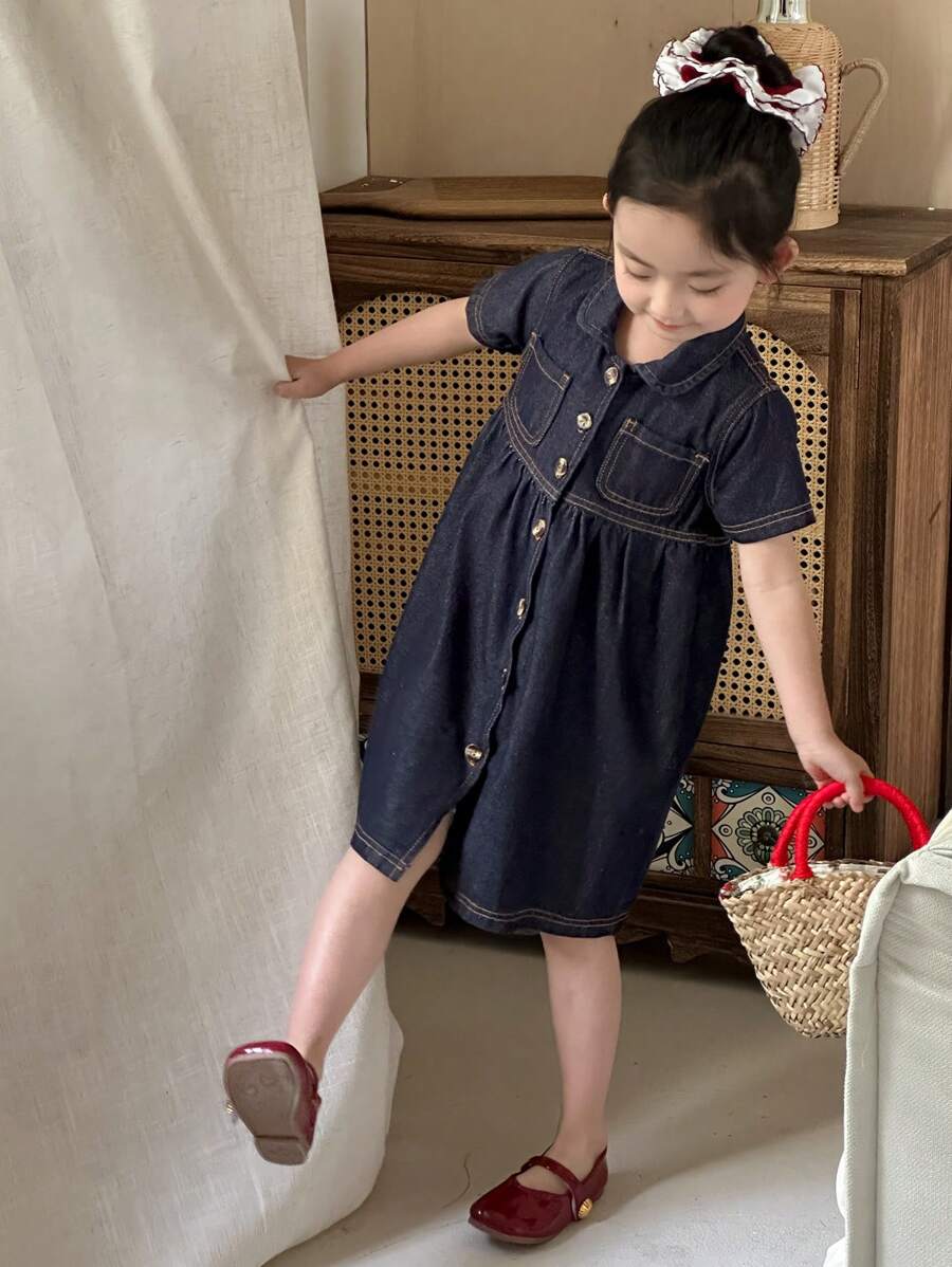 DAZY Girls' Natural Color Denim Collared Dress, Young Girl Fall Clothes - Royal Blue - View 1