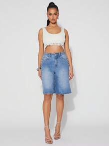 SHEIN Unity Short Jort Spring Pearl Detail 5 Pockets Baggy Festival Summer Denim Streetwear Brunch Preppy Thanksgiving Christmas NYE New Years Eve Outfits For Women - Blue - View 6