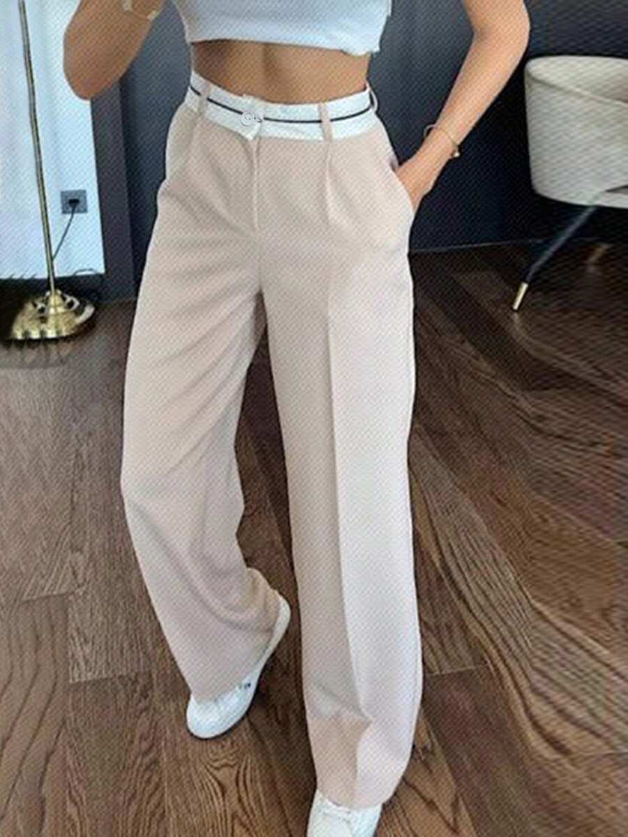 RueChic Slant Pocket Wide Leg Suit Pants - Beige - View 1