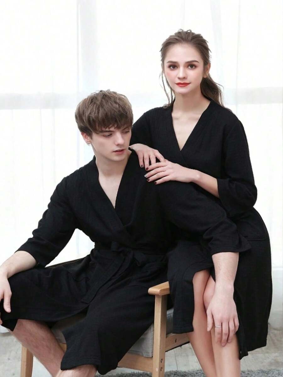 1 Stück schwarzer leichter und modischer Bademantel für Zuhause und Strand, schnelltrocknend und hautfreundlich, Paar-Homewear, minimalistischer karierter Bademantel Sommer Hochzeit Heim Badezimmer Dekor