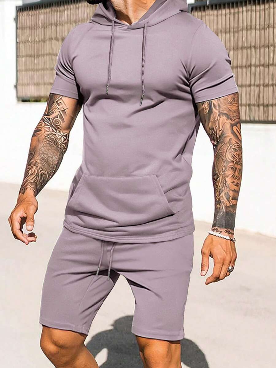 Manfinity Homme Bộ 2 áo thun nam tay ngắn màu trơn có dây rút và quần short, trang phục thường ngày cho nam Bộ 2 món - Màu tím - Xem 1