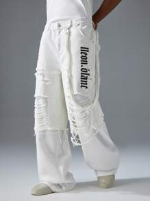 NEON BLANC 男士街头风格白色字母印花 3/4 长休闲牛仔裤 - 米色 - 查看 3