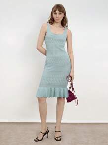 Maija Trang phục mùa hè màu xanh cho nữ, cổ vuông, vải họa tiết rỗng, không tay, váy thời trang tối giản thanh lịch, thích hợp cho lễ hội âm nhạc ngoài trời, váy len dệt kim dài vừa phải - màu xanh lá - Xem 4