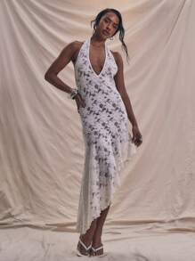 MUSERA 露背深V领印花不对称无袖长裙，夏季度假春季优雅可爱沙滩长裙，适合新娘、单身派对、告别单身派对、婚礼和复活节等场合。 - 杏色 - 查看 4