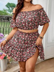 SHEIN VCAY 满身花卉印花露肩短款上衣和荷叶边下摆半身裙 - 紅色 - 查看 3