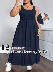 SHEIN CURVE+ Plus Size Women's Solid Color Basic Sleeveless Dressbeach Outfits For Woman/Beach Dress/Beach Vacation Outfits/Beach Essentials / Graduation/Tea Party Dress - Navy Blue - View 9