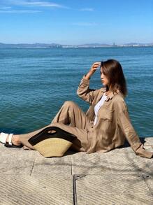 DAZY 2pcs/Set Women Solid Color Loose Shirt And Wide Leg Pants,Fall Women Clothes Lounge Sets For Women - Apricot - View 3