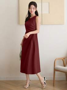 DAZY Vestido midi plisado sin mangas de color liso para mujer, vestido de verano