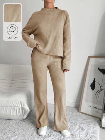 RueChic Cotton Women's Stand Collar Hollow Out Drop Shoulder T-Shirt And Pants Set (2 Pieces)