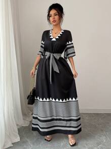 Chiquease 女士 V 领短袖印花 A 字裙，波西米亚风格，休闲，海滩，定制印花，适合日常穿着 - 黑色 - 查看 4