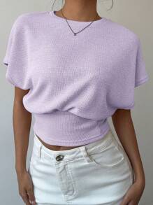 Aloruh Camiseta casual de mujer de cuello redondo, mangas tipo murciélago y unicolor con cintura