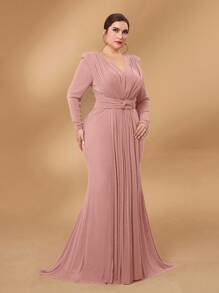 SHEIN Belle 大码莲藕粉色金属针织深V领扭纹设计派对礼服、婚礼宾客礼服、正式礼服、晚礼服、长袍