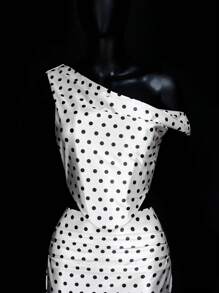 SHEIN ICON Satin Polka Dot Print One-Shoulder Top And Low Waist Skirt Set - Black and White - View 6