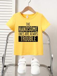 SHEIN 年轻男孩黑色字母印花休闲圆领短袖 T 恤，夏季 - 黃色 - 查看 3