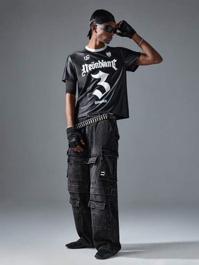 NEON BLANC Camiseta de cuello redondo de manga corta de punto para hombre con bordado de letras y números, estampado gráfico, estilo urbano