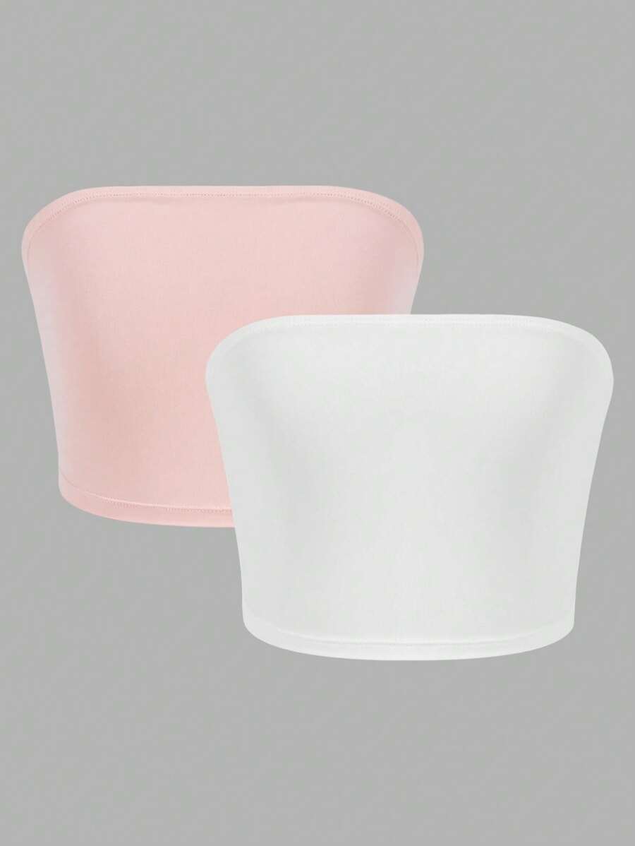 SHEIN 青少年女孩简单舒适露肩防滑吊带背心 2 件套 - 粉色 - 查看 1