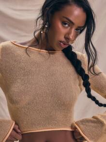 MUSERA Cropped Slash Neck Knit Flare Sleeve Long Sleeve Top Summer Holiday Crop Top Spring - Orange - View 4