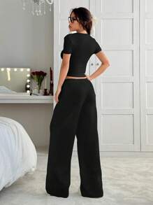 SHEIN EZwear 2 件套夏季灰色修身短袖 T 恤和宽松运动裤休闲装 - 黑色 - 查看 2