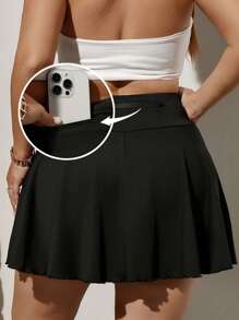 SHEIN Privé Plus Size Women's Pocket Ruffle Mini Skirt/Shorts, Running Wear KO RT, Black Culottes; Slim Short Mini Umbrella Hem High Elastic Yoga Pants; Simple Bottoms For Graduation Season; Sports Bottoms; Versatile Black Bottoms Women Skirts Women Skort Skorts For Women Women Skort Skorts For Women Plus - Black - View 2