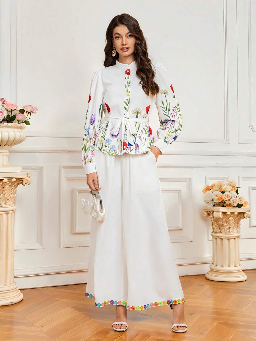 SHEIN 2pcs/Set Women's Simple & Elegant Floral Embroidery Pattern Long Sleeve Blouse And Pants Set