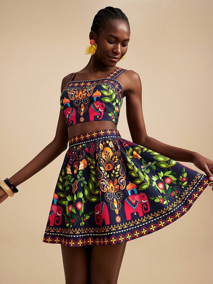 Travachic 2 chiếc/Bộ áo crop top in hoa ngày lễ cho nữ và chân váy ngắn - màu đen - Xem 1