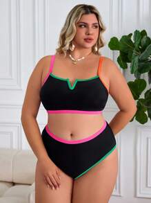 SHEIN CURVE+ Plus Size Women Sexy Two Pieces Bikini Set Set, Halter Bikini Top And Bottom, Summer Holiday