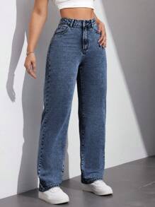 SHEIN EZwear Damen Lose Passform Gerade Bein Taschen Lässig Vielseitige Jeans
