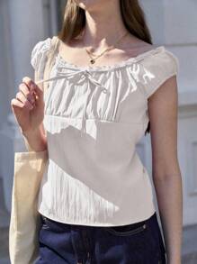 Jouncy Women's Solid Color Front Tie Raglan Short Sleeve Casual T-Shirt - White - View 1