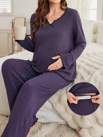 孕妇撞色荷叶边蝴蝶结装饰领休闲套装