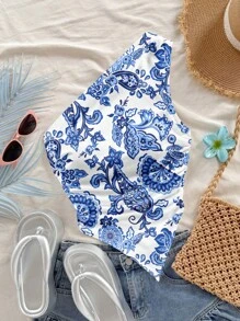 Soleia Blusa asimétrica de hombro con estampado retro de paisley en azul, ideal para vacaciones de verano