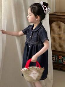 DAZY Girls' Natural Color Denim Collared Dress, Young Girl Fall Clothes - Royal Blue - View 3