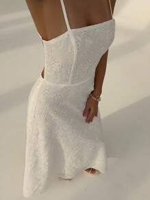 Aloruh New Arrival Pure White Backless Spaghetti Strap Embroidered Flowy Long Dress, Slim Fit Vacation/Beach Party Dress, Spring/Summer - White - View 2