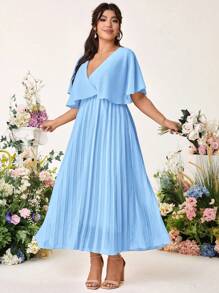 Cravure Plus Size Women Elegant Solid Chiffon Pleated Waist A-Line Midi Dress Wedding Day Wedding Guest