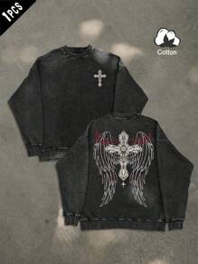 PAVTROS Manfinity Streetrush 1pc Men's Casual Cross And Wing Print Pullover Sweatshirt, Autumn Going Out Street Wear Crew Neck Friends Graphic Long Sleeve Cotton Sweatshirt, For Friends, Husband, Boyfriend Gifts, Emo Style, 2000s Style - Black - View 1